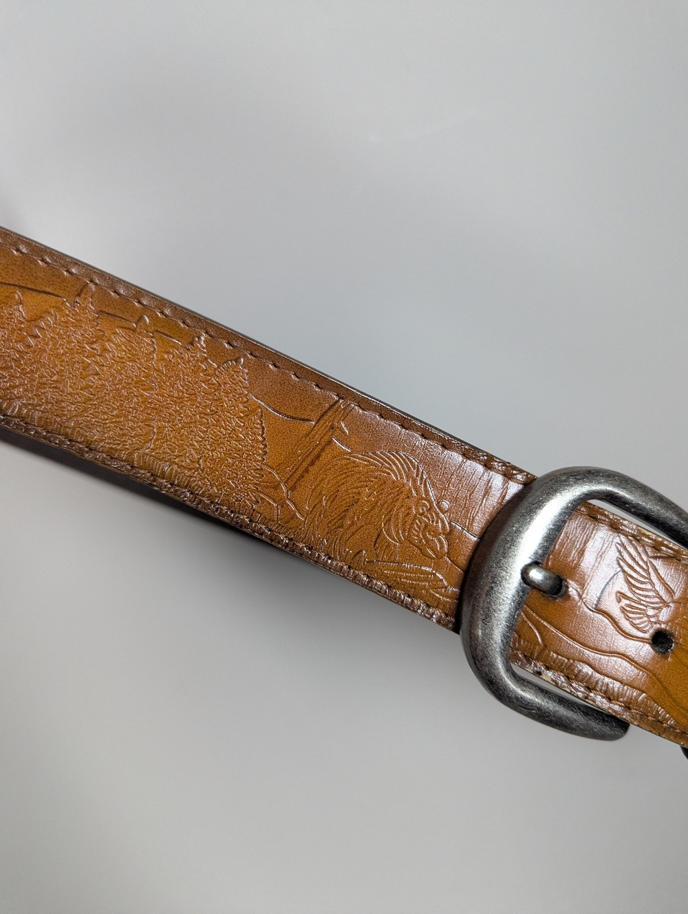 Vintage Italian Leather Belt Embossed Wildlife Forest Scene Brown Size 36–40